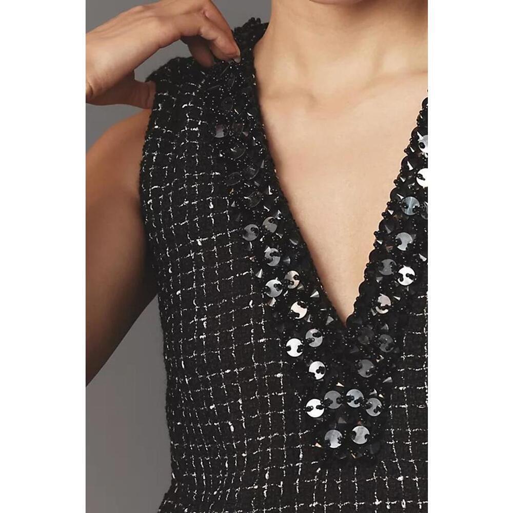 Maeve Anthropologie Sequin Embellished V-Neck Tweed Mini Dress Size XS Black - Picture 4 of 4